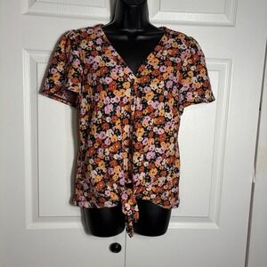 Loft‎ Floral Shirt Women S Pink Red Short Sleeve Button Up Front Tie V Neck Top